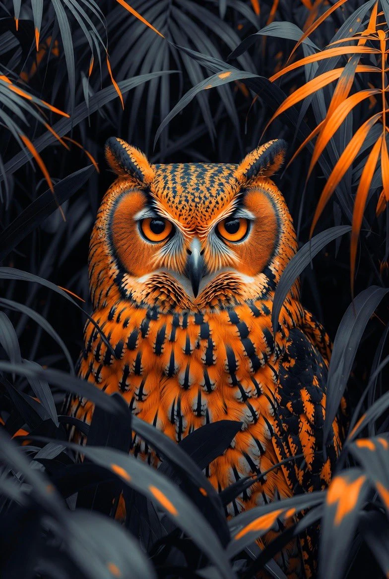 奇幻丛林中的橙黑猫头鹰