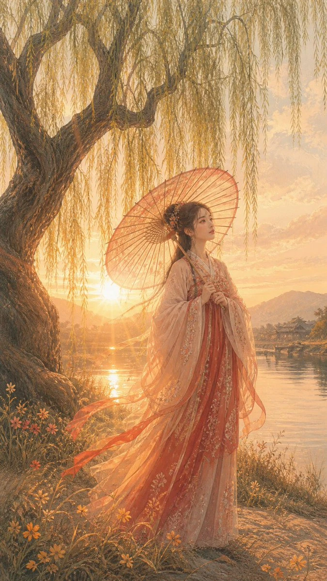 古风汉服女子湖畔夕阳
