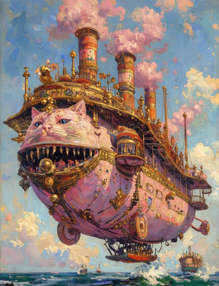 奇幻猫形蒸汽飞艇油画
