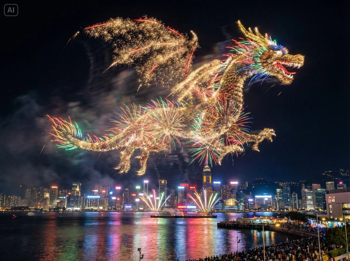 烟花幻化神兽耀夜空