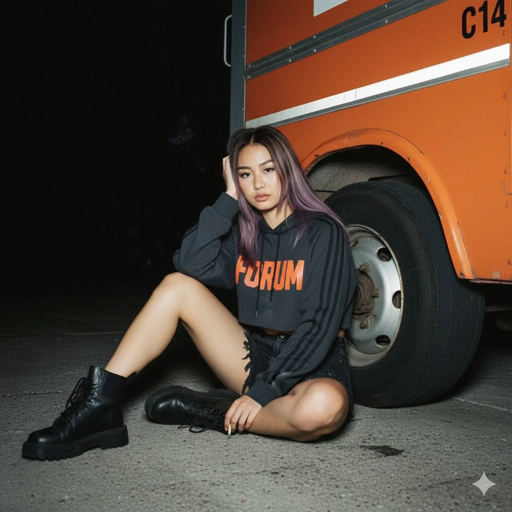 街头夜影中的冷峻姿态——紫发少女与橙色卡车