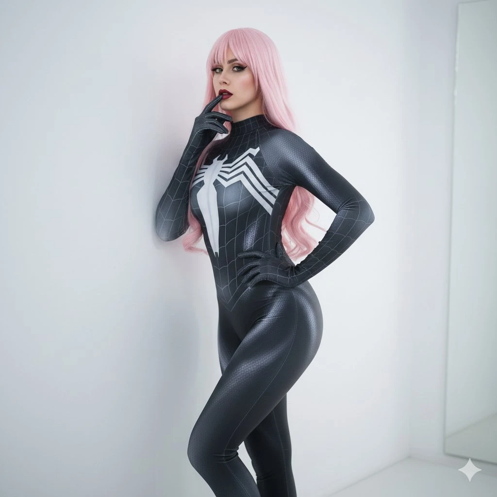 共生体女王的写真:粉色长发与黑银战衣的超写实cosplay