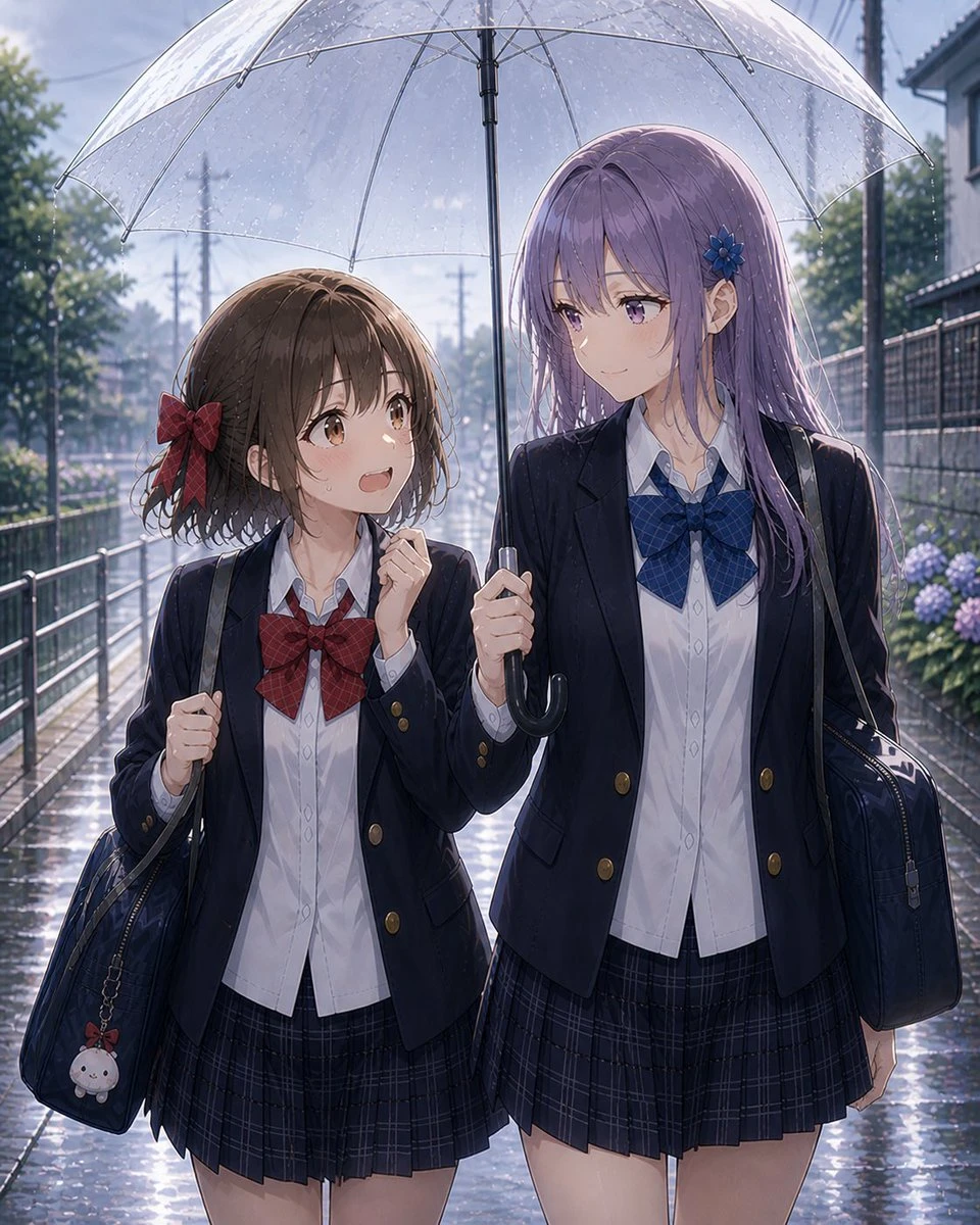 雨天共伞的动漫女高中生