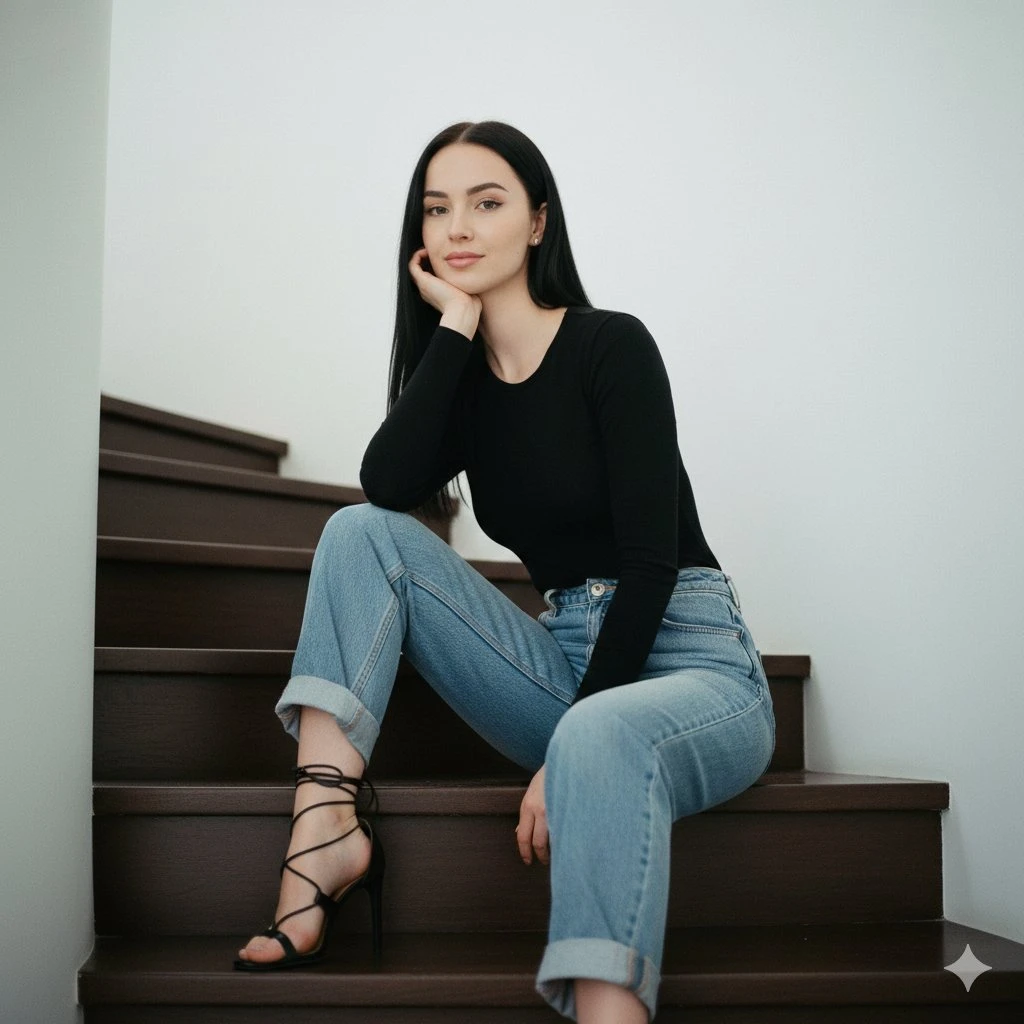 时尚女性楼梯写真:简约优雅与俏皮姿态的完美融合