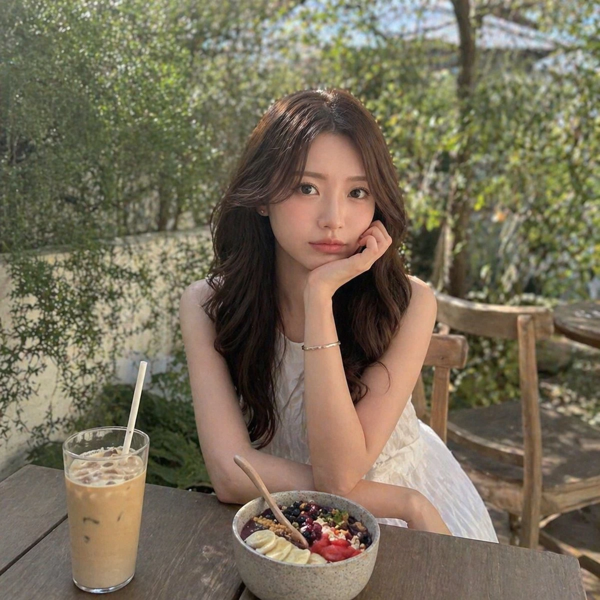 日系美女在户外咖啡馆享受下午茶