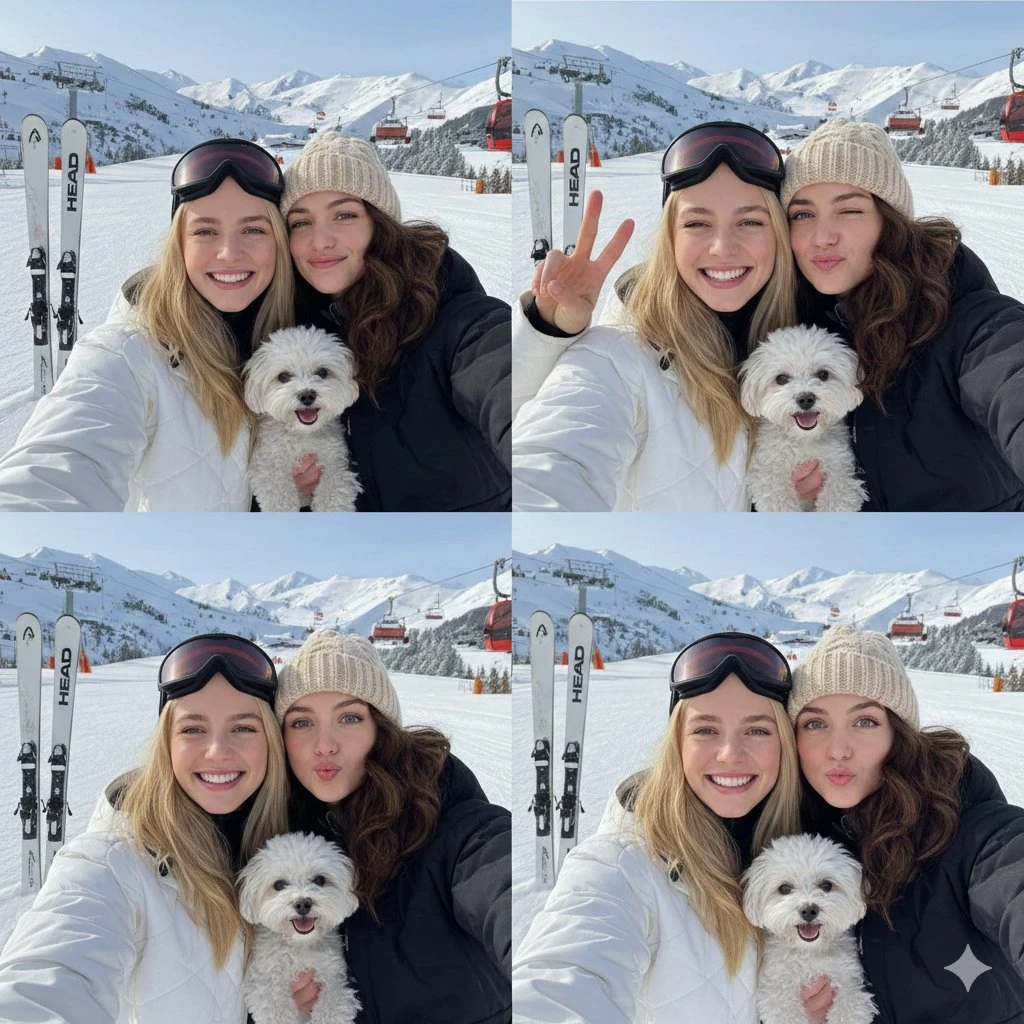 雪地闺蜜与萌犬的四格自拍合集