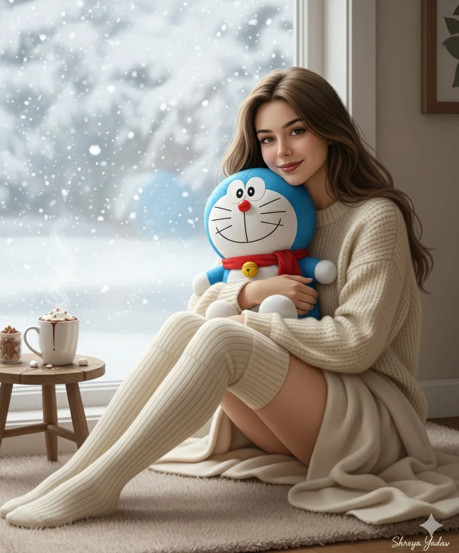 雪窗暖拥:少女与哆啦A梦的冬日时光