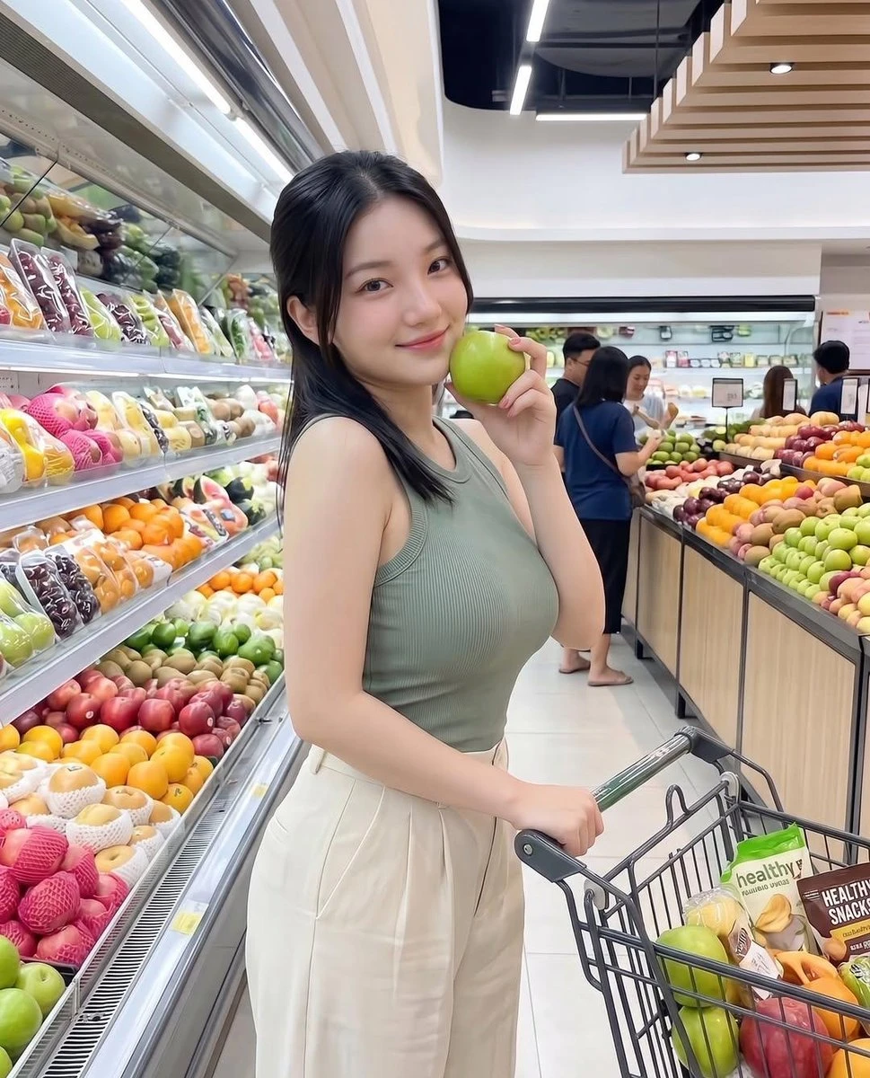 年轻女子超市选购水果场景