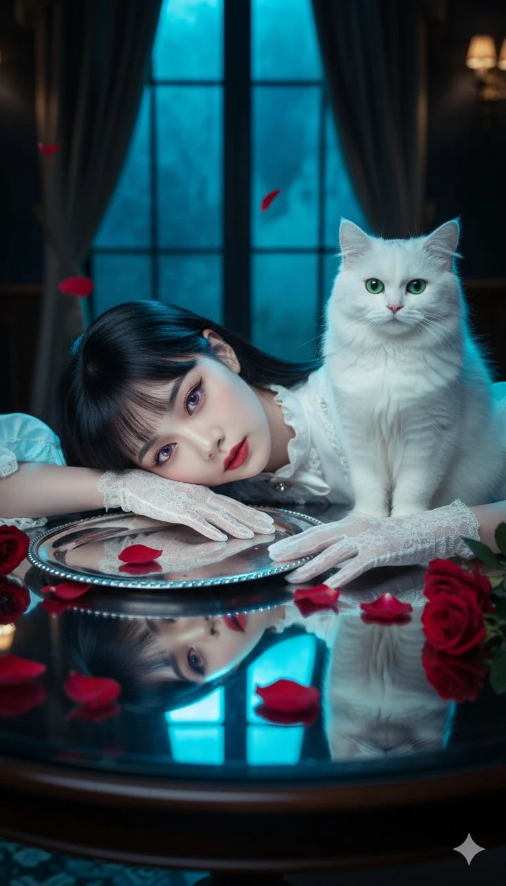 蓝调夜影中的女子与白猫