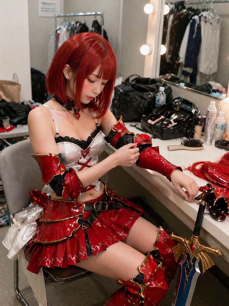 后台准备中的红发女战士Cosplay