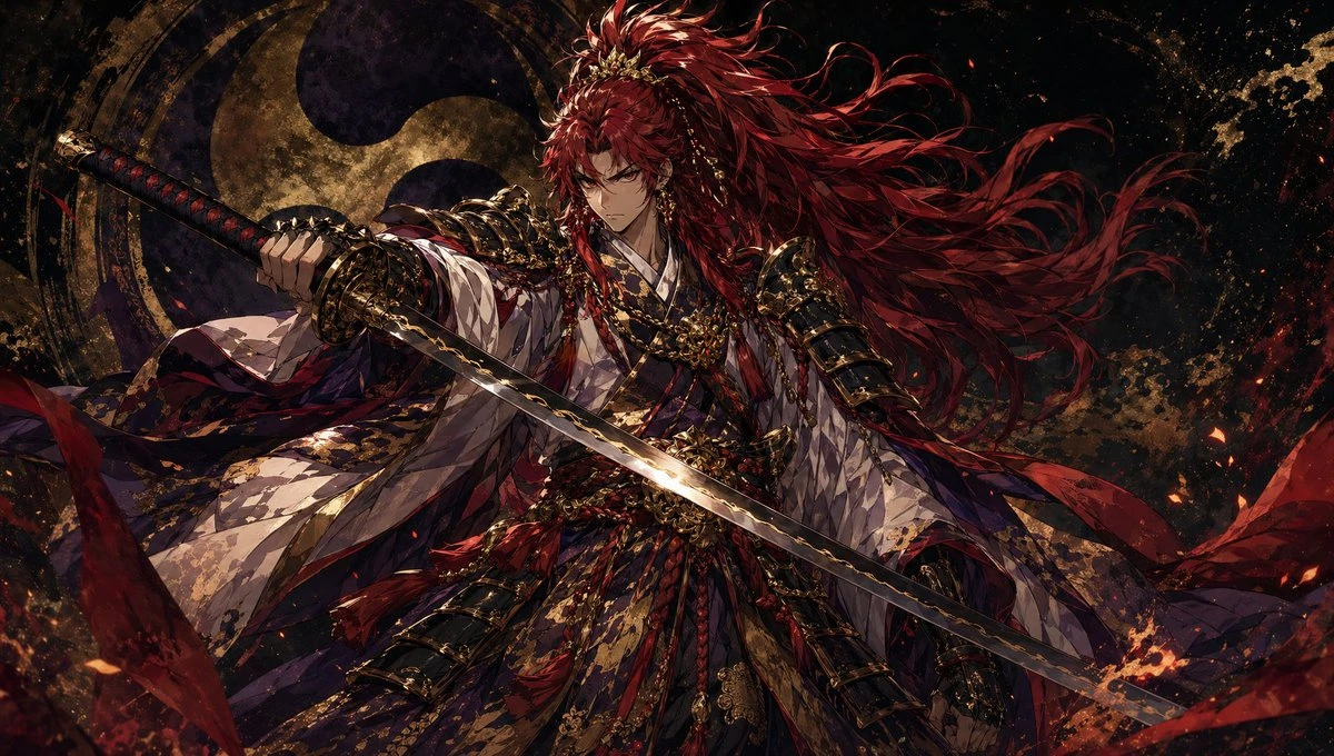 红发武士持刀暗黑幻想插画
