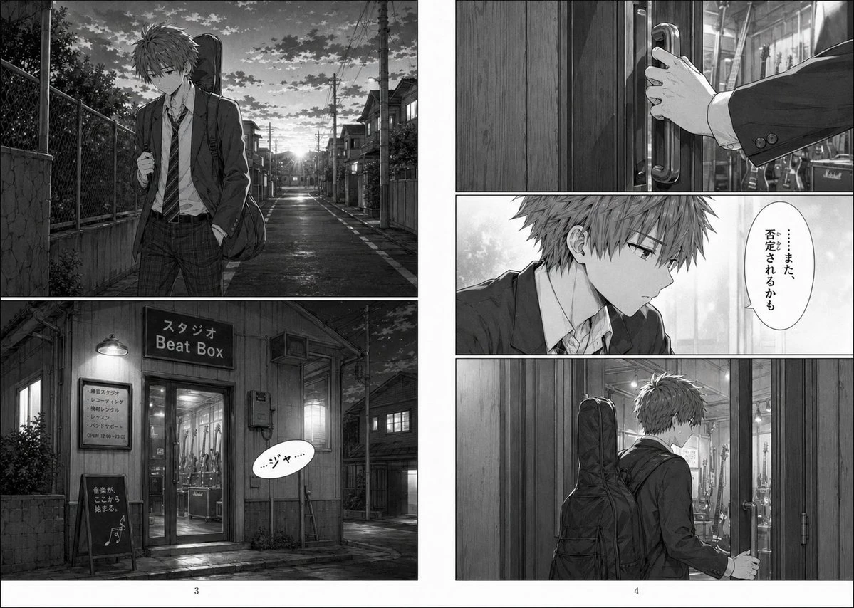 黑白少年音乐题材漫画跨页