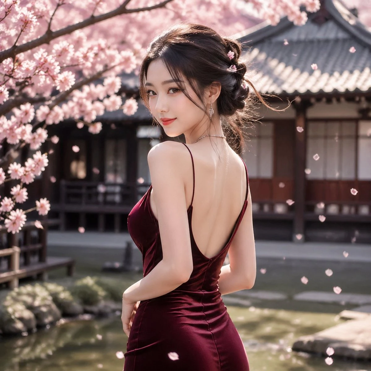 樱花庭院中的酒红礼服女子