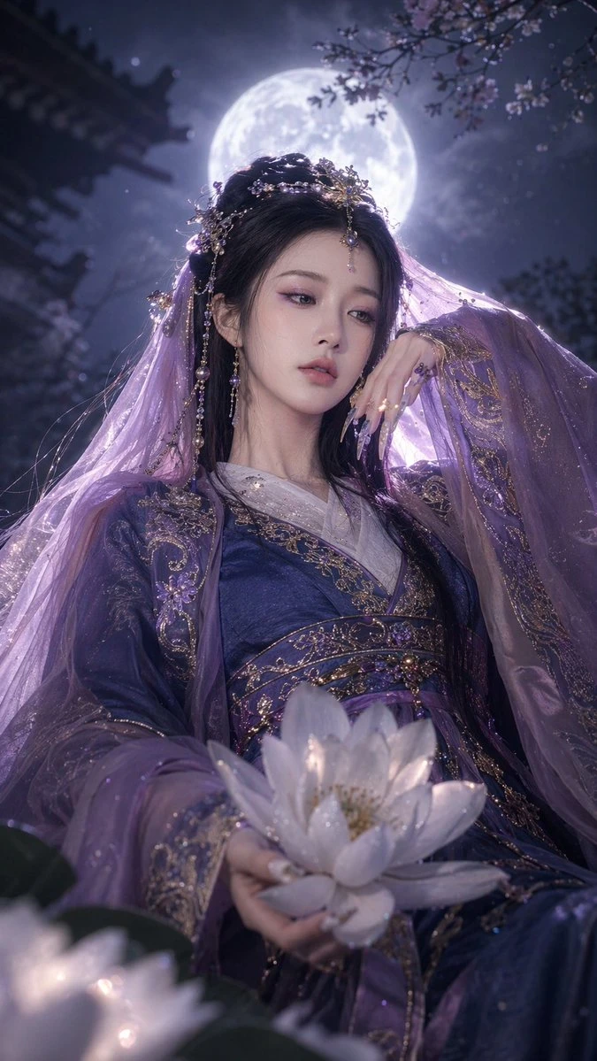 紫衣仙子月下持莲
