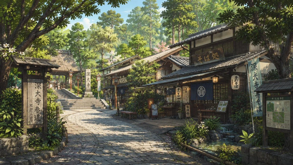 深大寺参道春日清晨动漫背景图