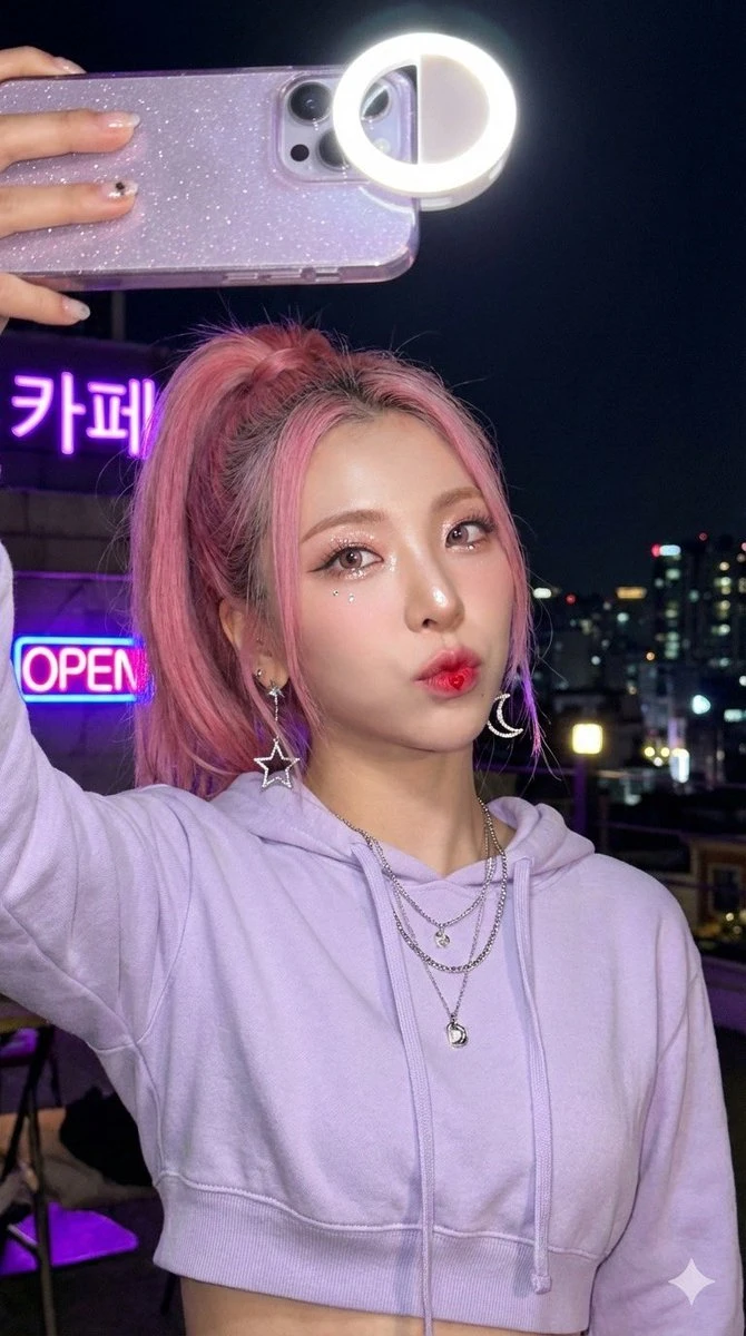 粉发少女夜拍自拍写真