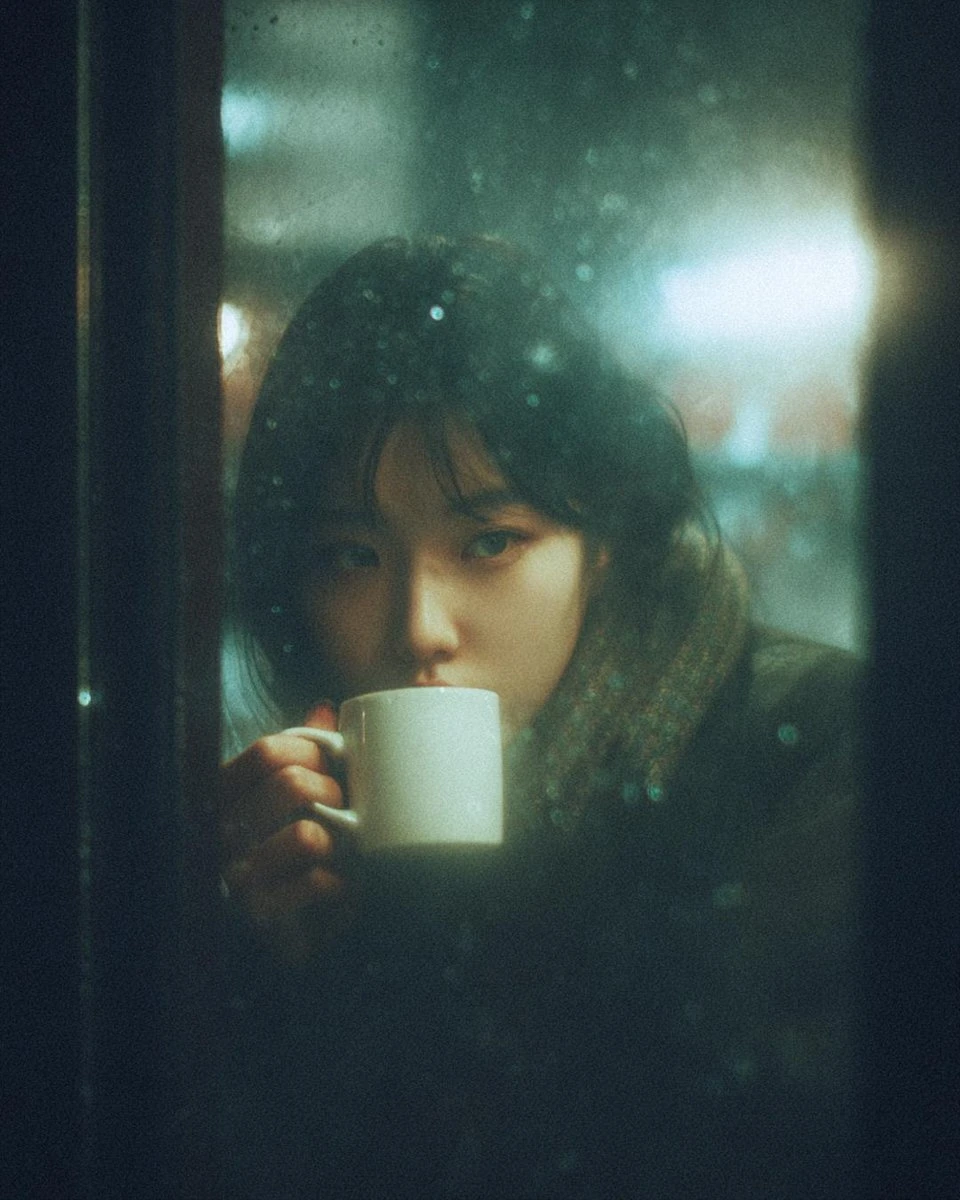 雨夜咖啡馆里的沉思女子