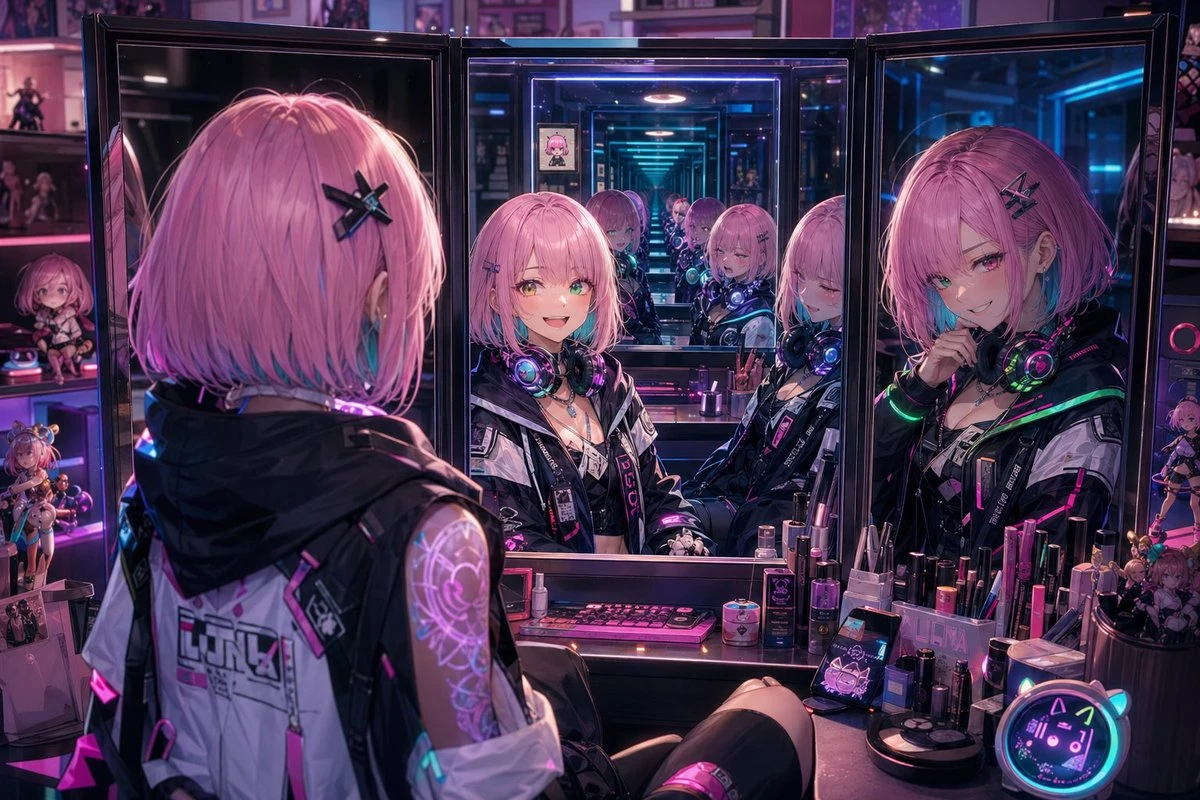 赛博朋克粉发少女对镜梳妆