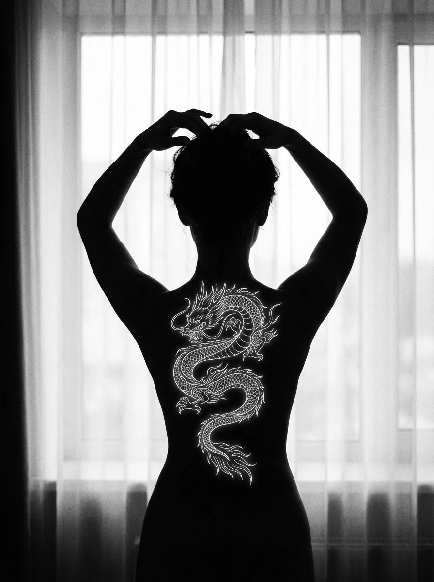 龙纹背影:高对比剪影艺术摄影