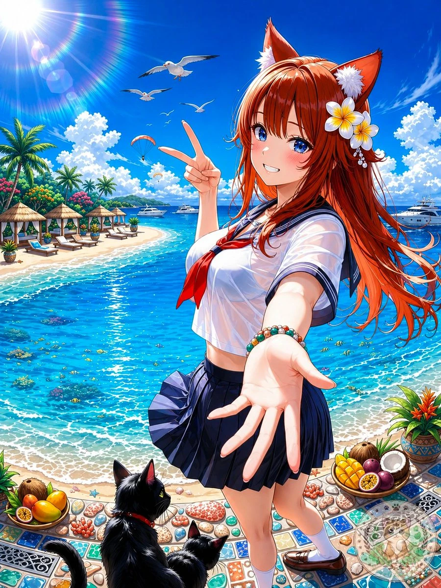 动漫猫耳少女海滩自拍