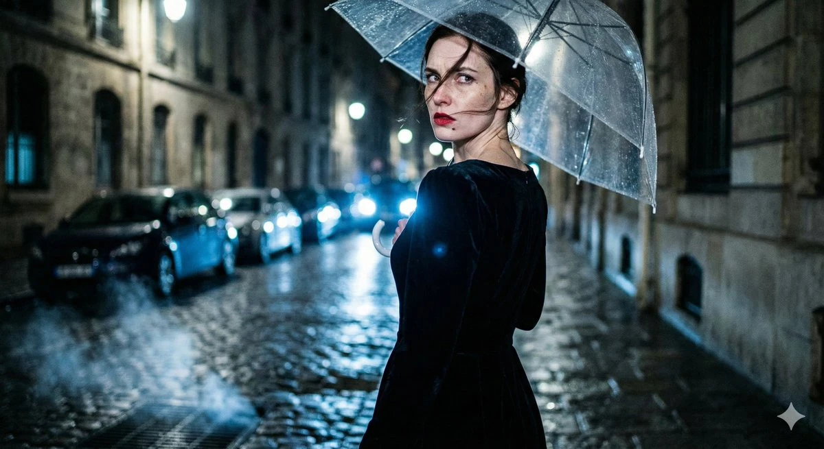 电影 noir 风格雨夜女性肖像:黑丝绒礼服与透明雨伞