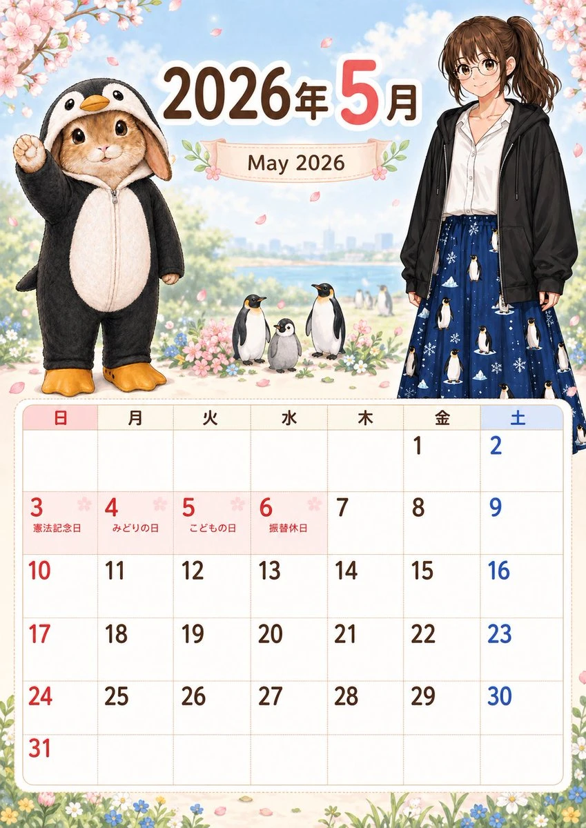 2026年5月可爱企鹅主题日历