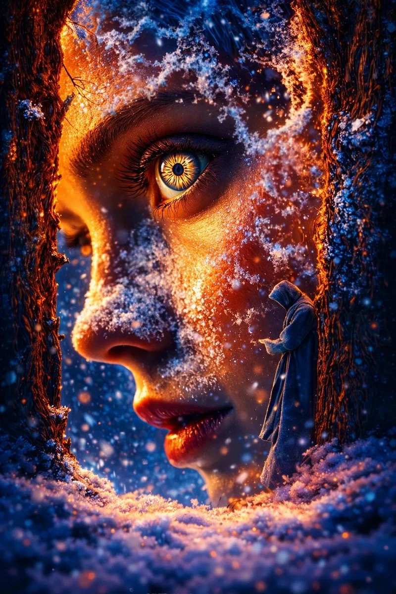 冰火交融的奇幻女性肖像,神秘金瞳与雪林共生