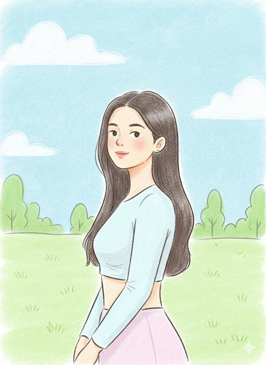 手绘风格少女公园写真插画