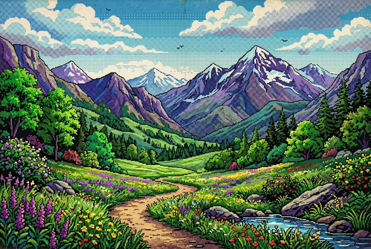 复古像素风夏日高山风景
