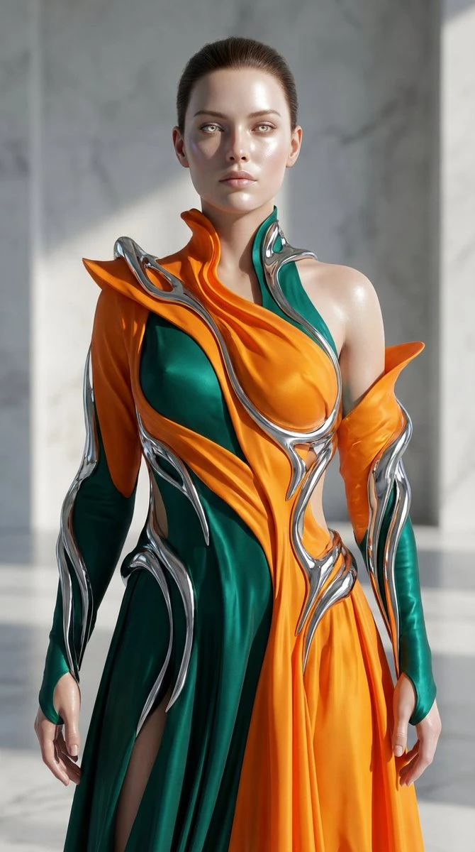 未来感生物形态礼服设计,展现自信与力量的AI女性形象