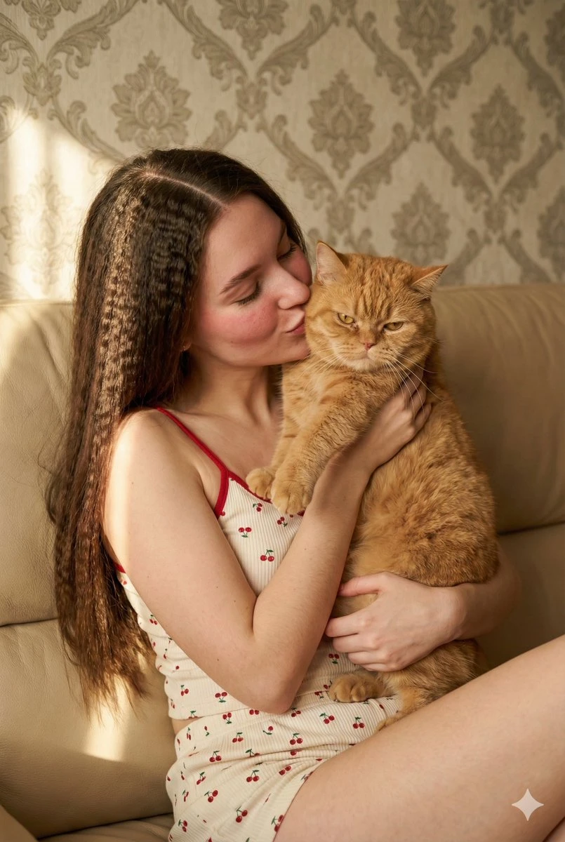 少女亲吻橘猫的温馨居家写真