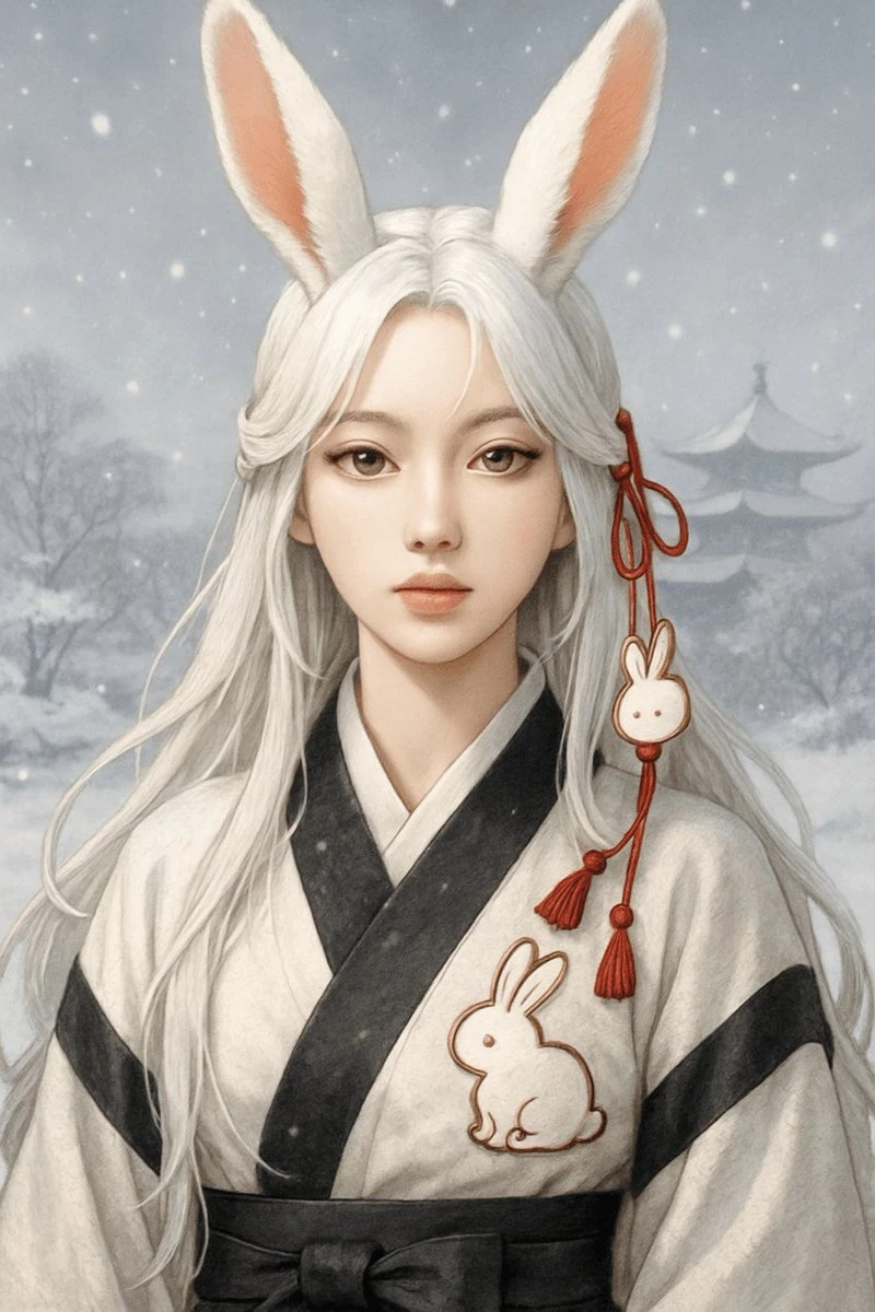 神秘白发兔耳少女雪景肖像