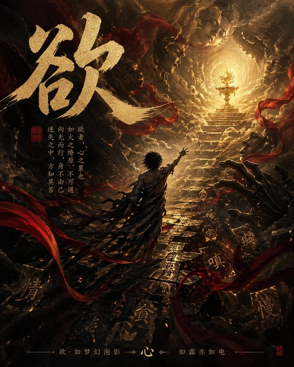 暗黑史诗风佛教欲念主题海报