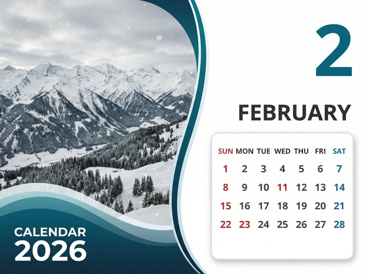 2026年2月冬季阿尔卑斯山风景日历海报设计
