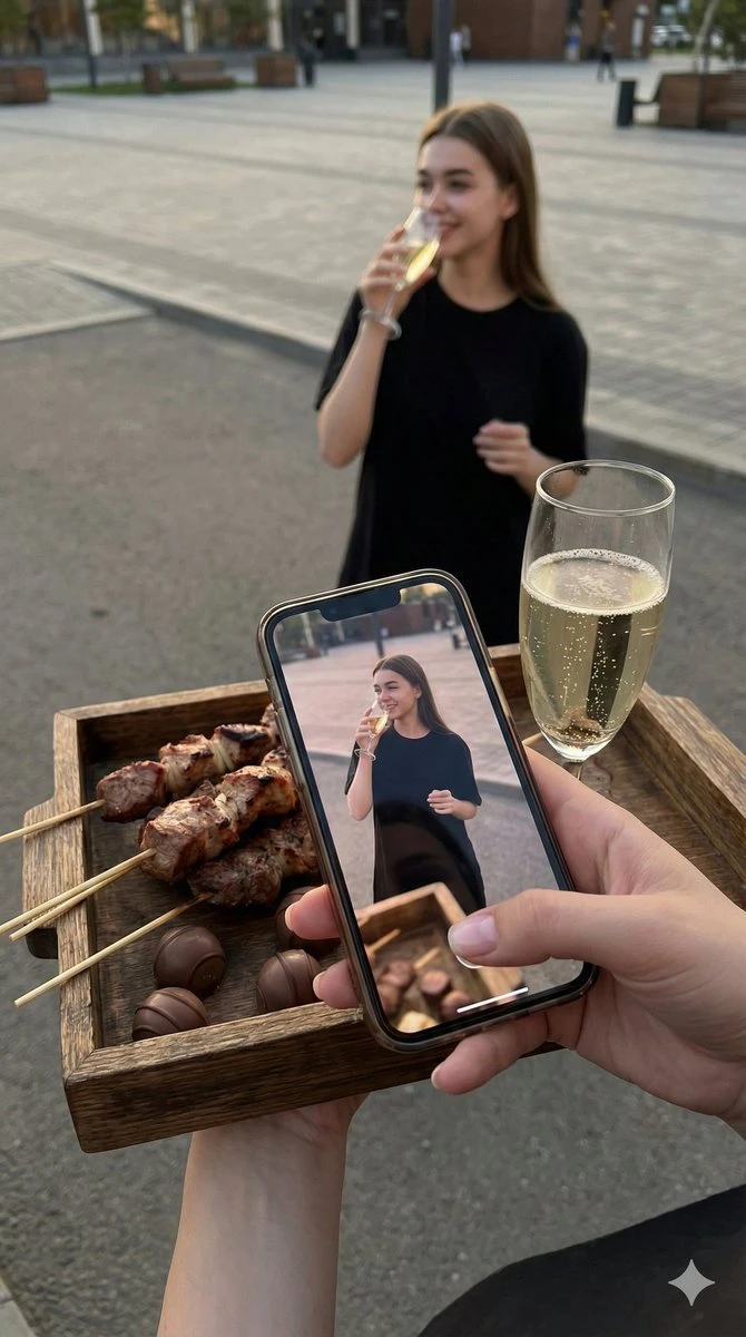 手机反射拍美女品香槟