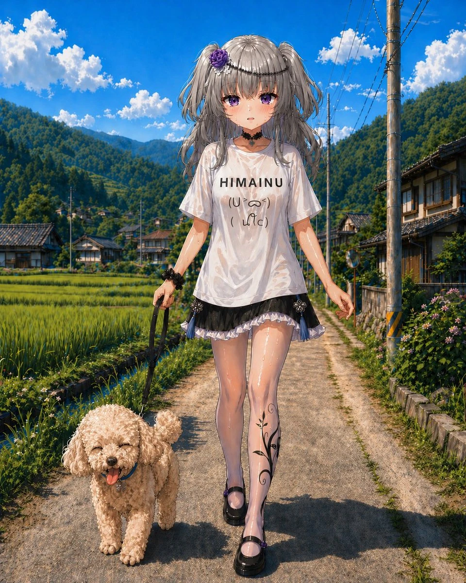 动漫少女夏日乡村遛狗