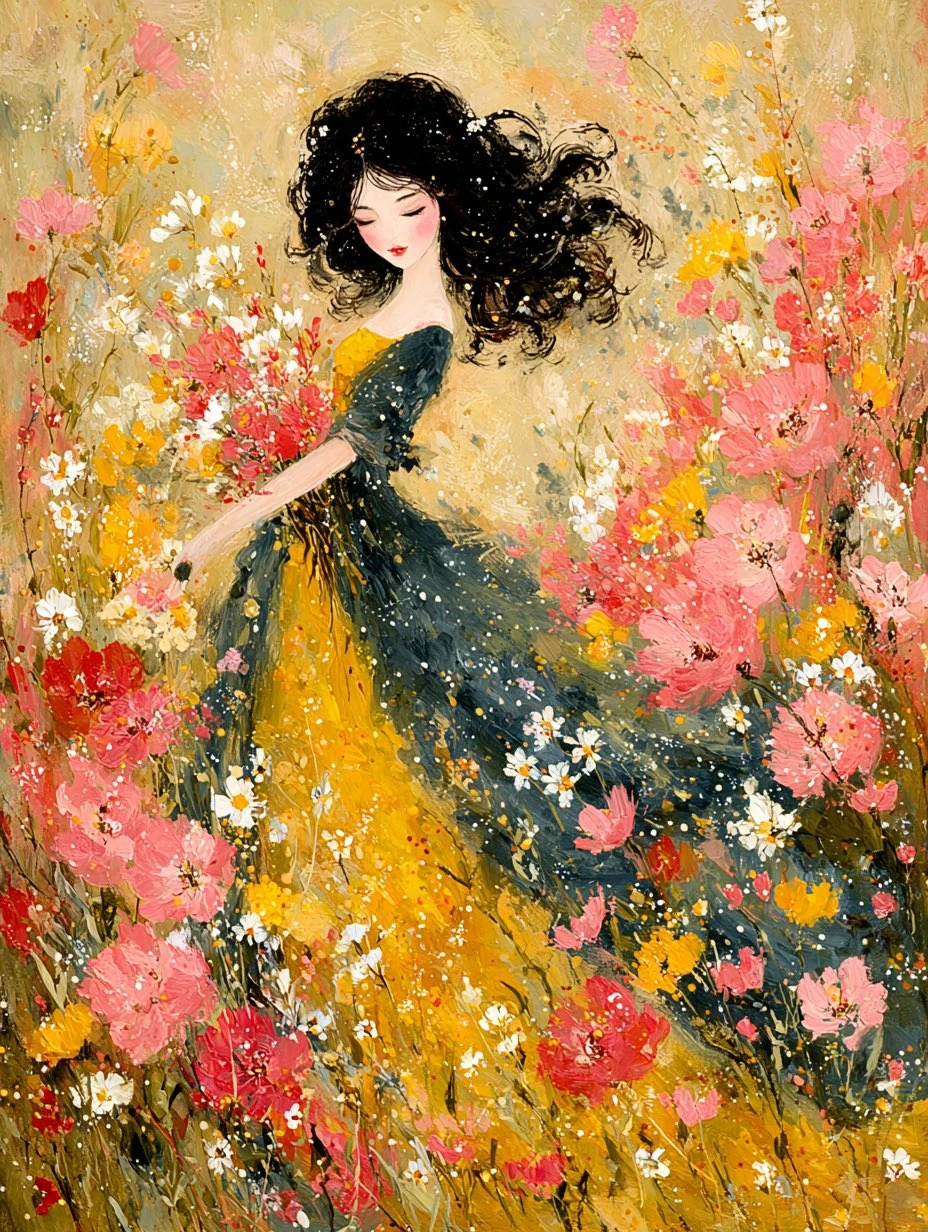 花海中的梦幻少女油画