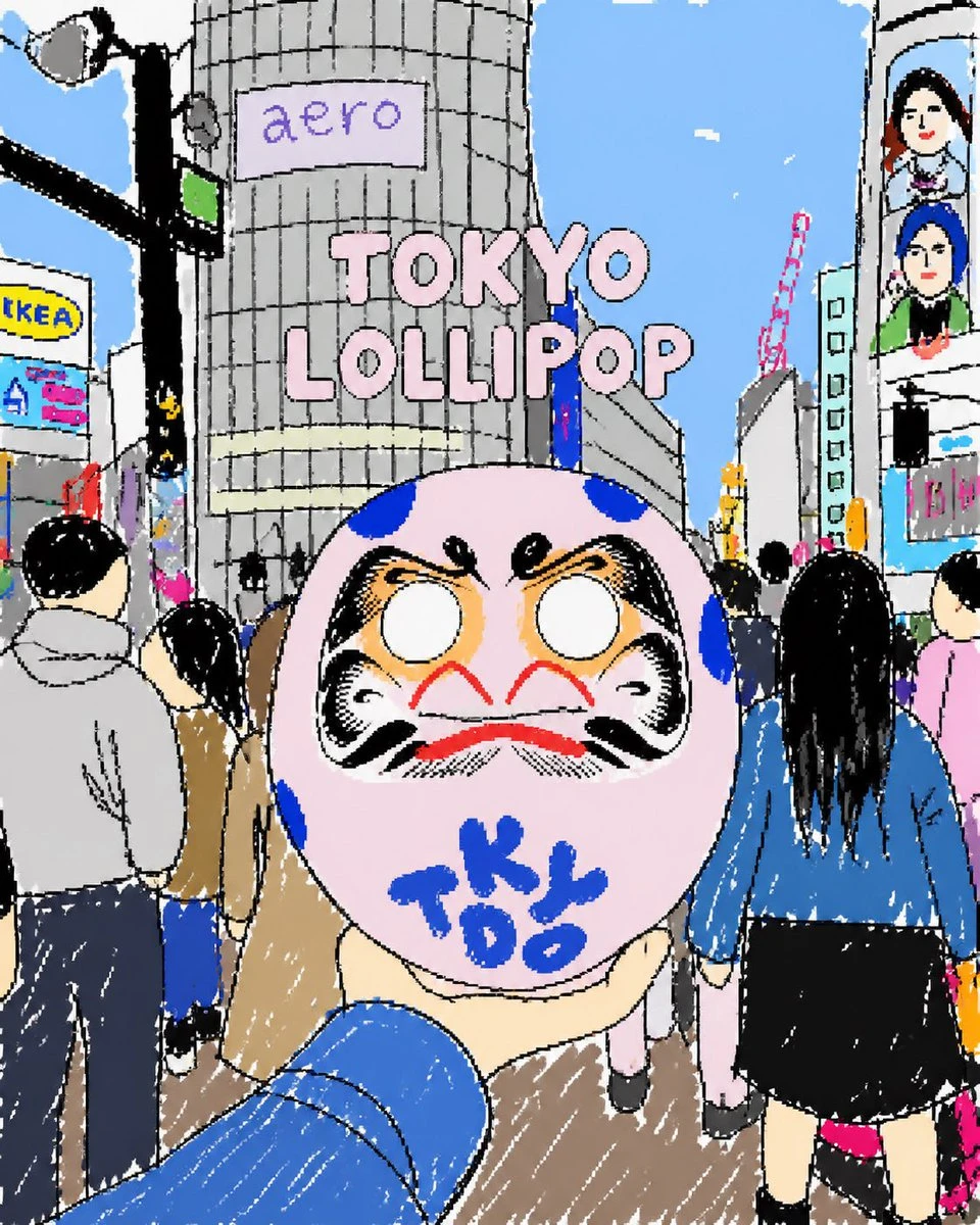 东京街头达摩棒棒糖插画