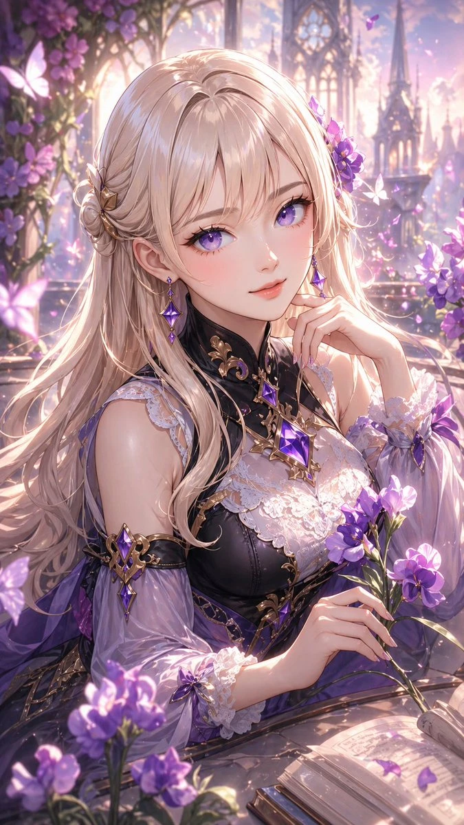 金发紫瞳少女奇幻花园肖像