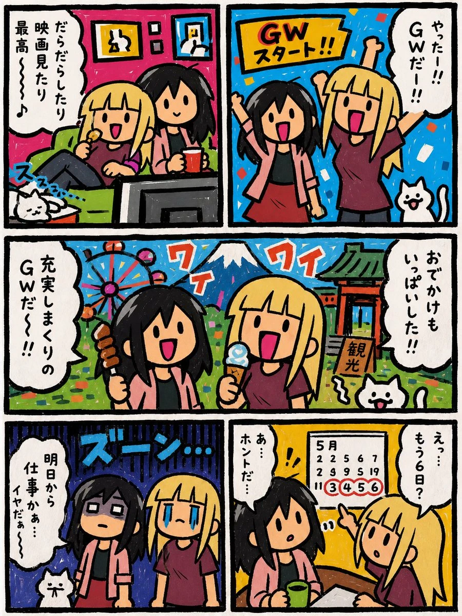 六格手绘漫画:黄金周假期结束