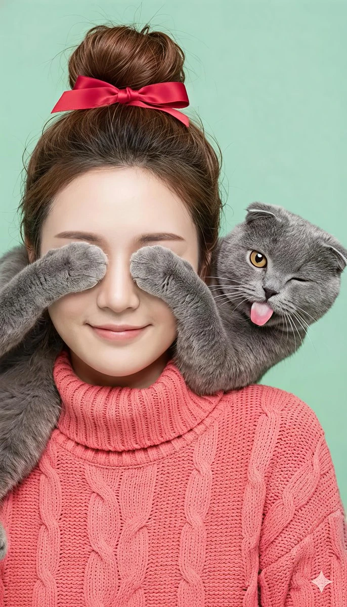 猫咪遮眼俏皮互动写真