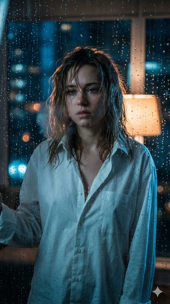 雨夜窗后少女的忧郁凝视