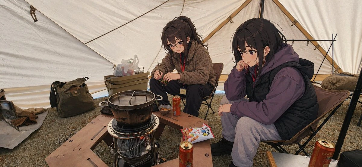 二次元少女冬季露营场景