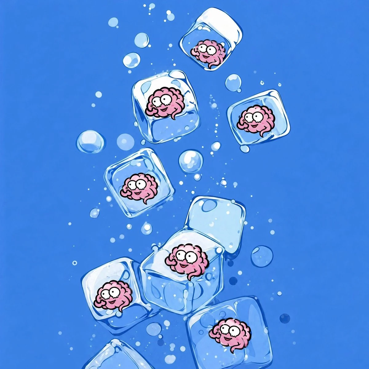 卡通大脑冰块水下漂浮插画