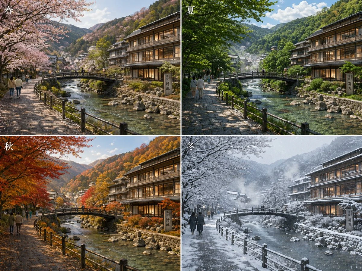 日本温泉街四季对比图
