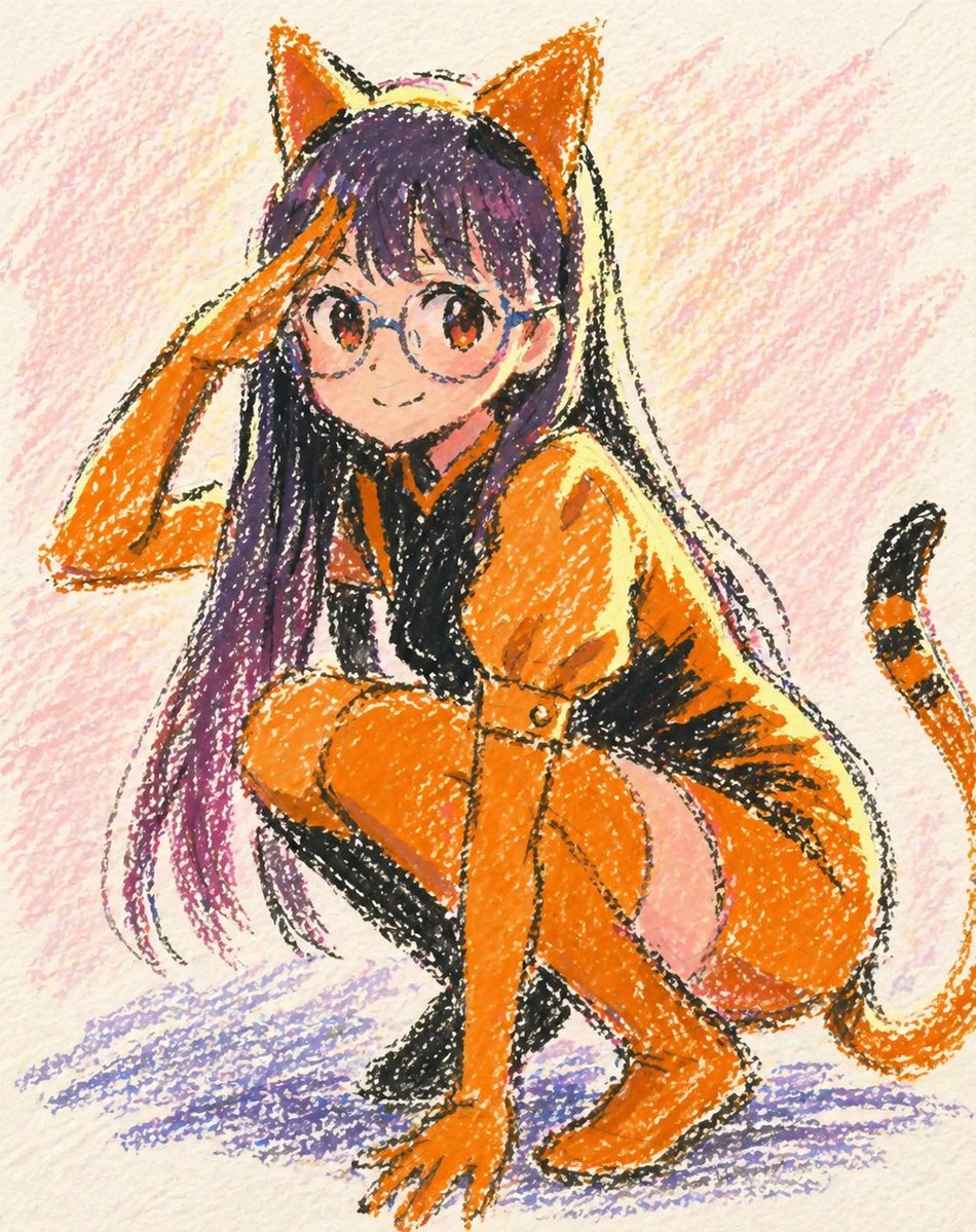 手绘蜡笔风猫娘插画