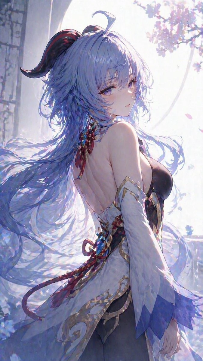 蓝发幻想女性优雅背影插画