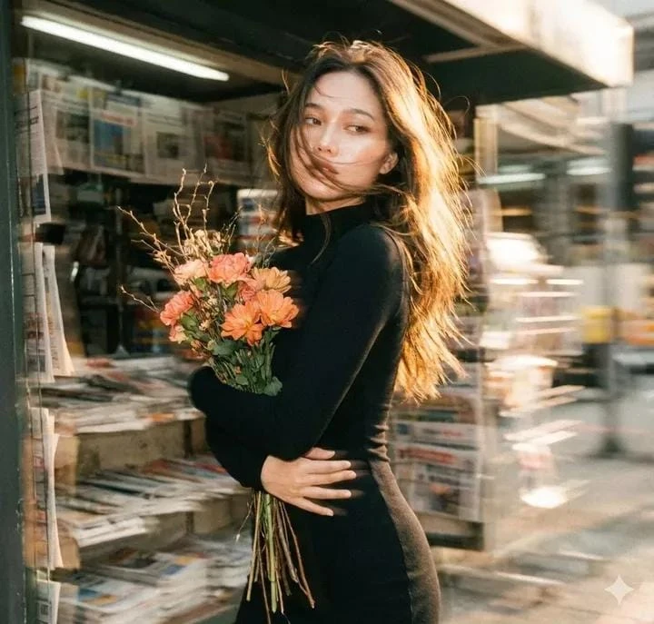 复古胶片风少女持花倚报亭,朦胧光影中尽显魅惑与甜美