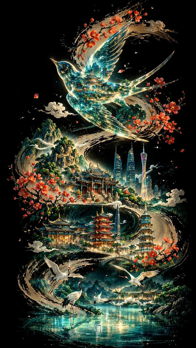 广州古今交融水墨超现实画卷