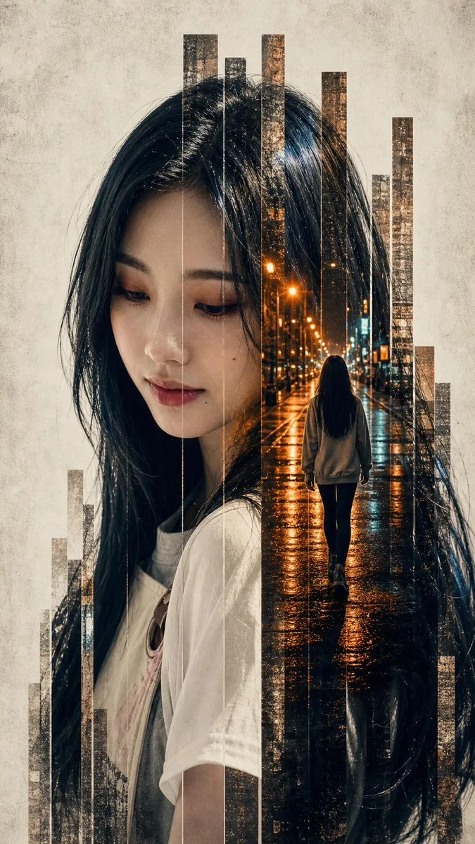 情绪化女性城市夜景双重曝光